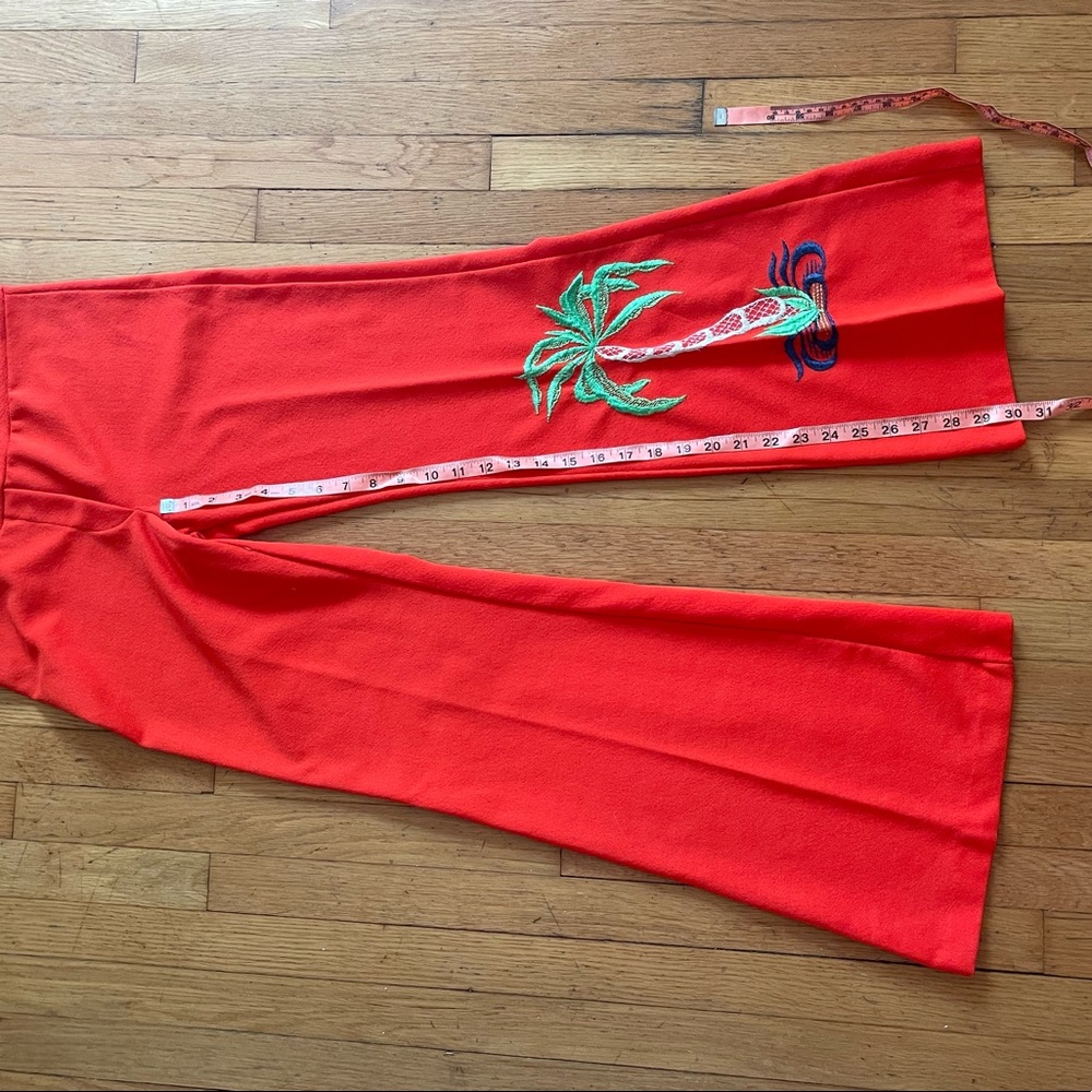 70s Vintage Double Knit Orange Kick Flares w Embroidered Palm Tree - Picture 7 of 9